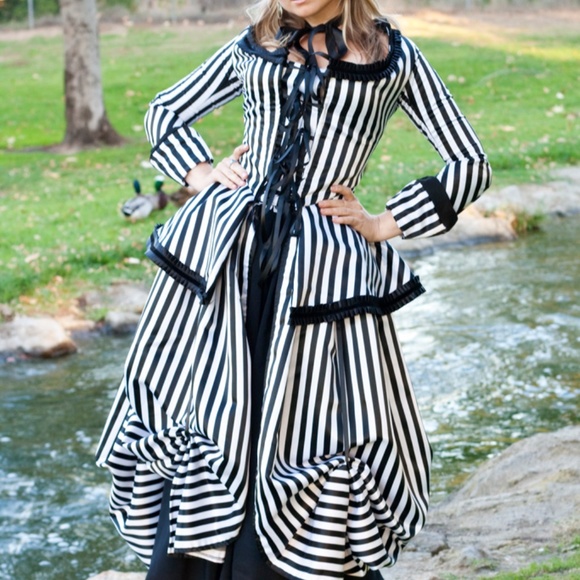 Black and White Striped Gothic Rococo Gown - Picture 7 of 11
